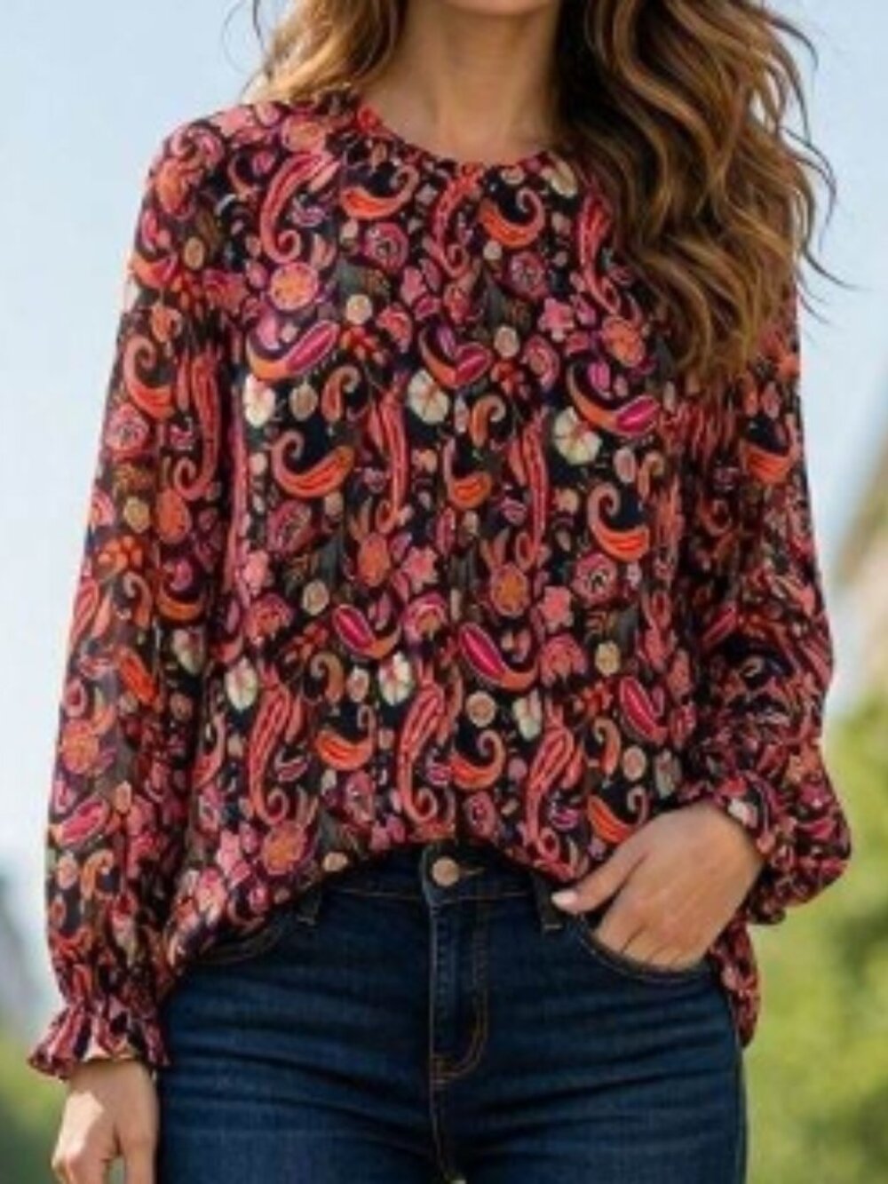 Loft Fall Floral Paisley Lined Top Blouse Shirt L Boho Chic Soft Flowy Black